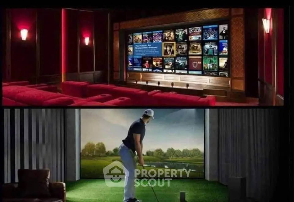 Luxurious home theater and indoor golf simulator in upscale property