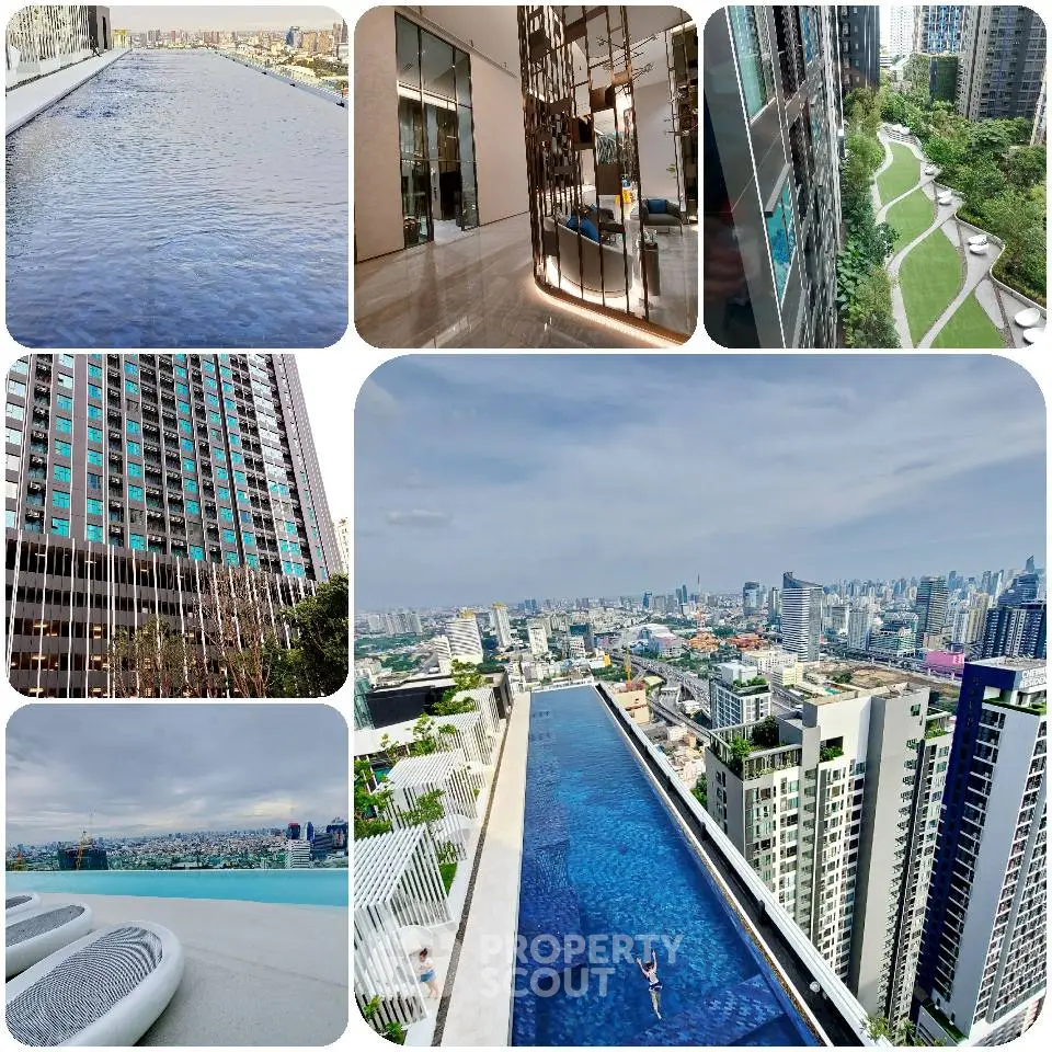 Luxurious high-rise building with stunning rooftop pool and panoramic city views