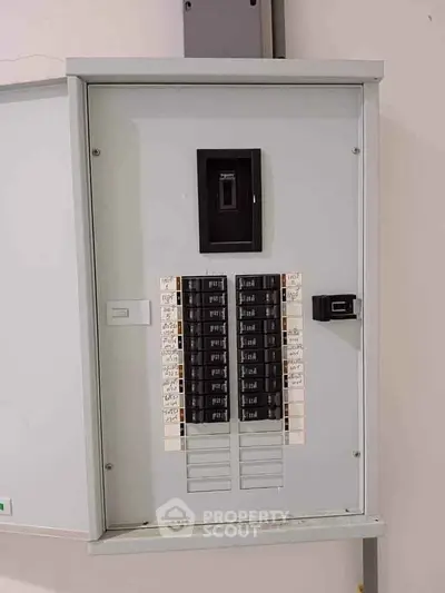 Electrical panel in modern property showcasing organized circuit breakers