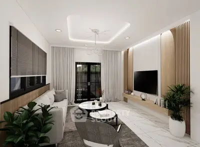 Modern living room with elegant decor and large windows