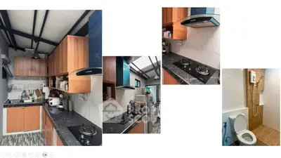 Modern kitchen with gas stove and compact bathroom in cozy home setting.