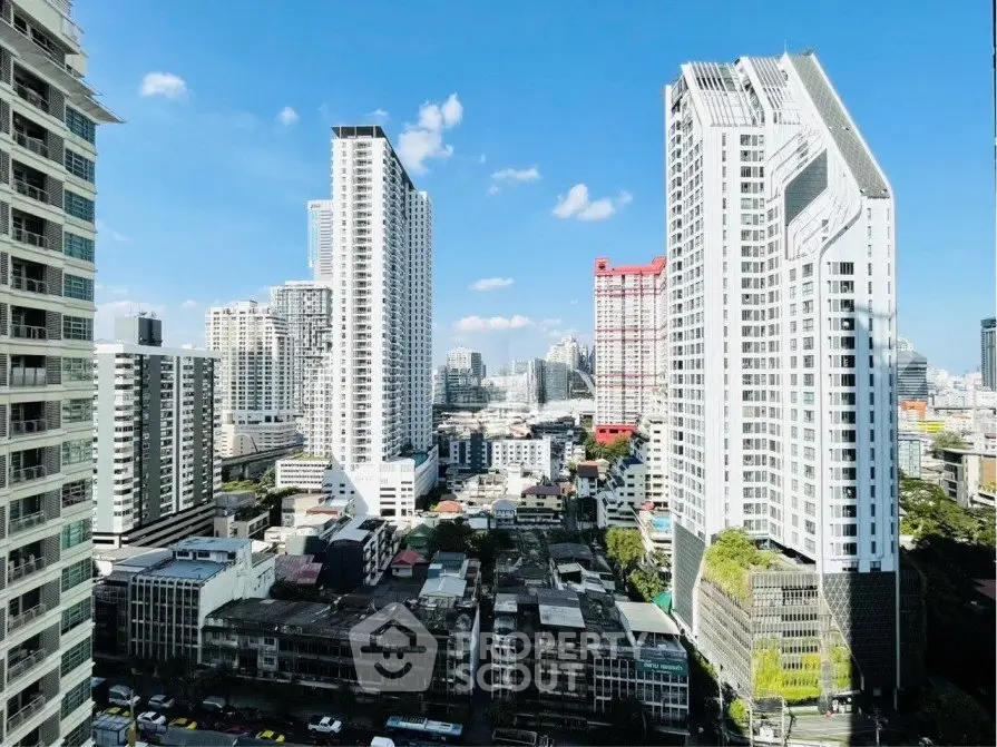Stunning cityscape view showcasing modern high-rise buildings under a clear blue sky.