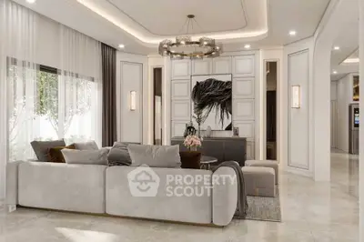 Luxurious modern living room with elegant chandelier and plush seating