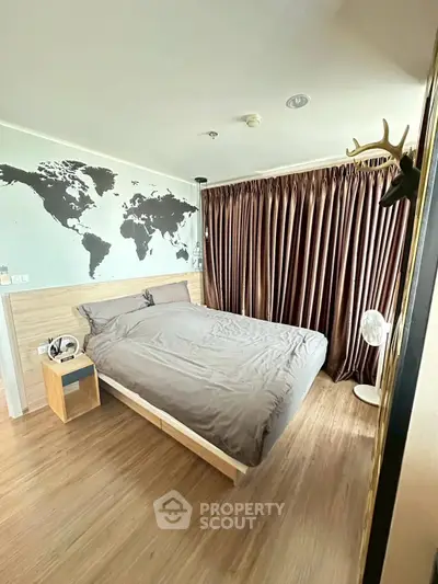 Modern bedroom with world map wall art and elegant curtains