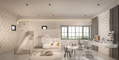Charming children's bedroom with bunk bed and play area, perfect for family living.