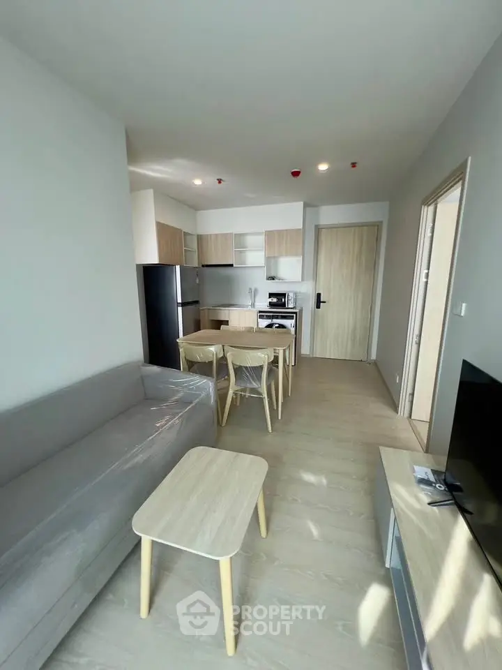 Modern open-plan living room with kitchen, featuring sleek furniture and natural light.