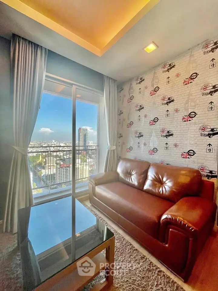 Stylish living room with leather sofa and city view from balcony, perfect for urban living.