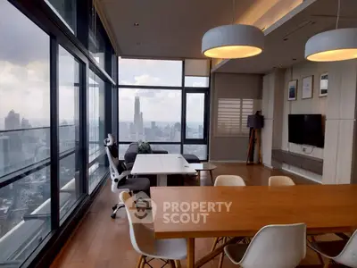 Modern living room with panoramic city view and stylish decor