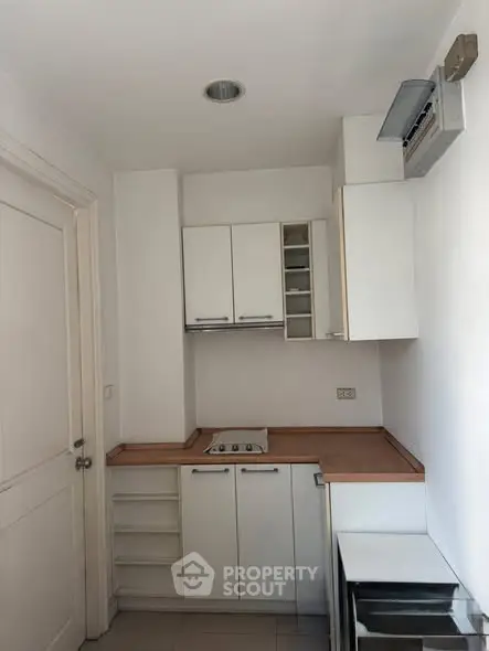 Compact kitchen with white cabinets and wooden countertops in modern apartment