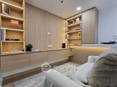 Modern living room with stylish wooden shelves and cozy seating area