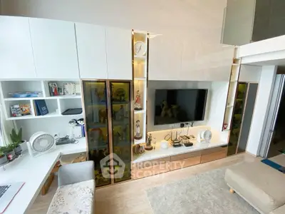 Modern living room with stylish built-in storage and entertainment center