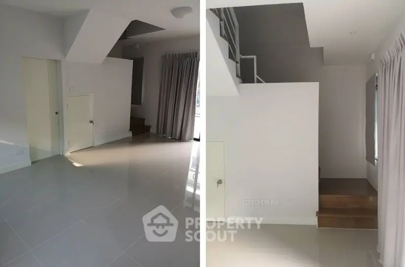 Spacious modern interior with sleek tile flooring and elegant staircase, perfect for contemporary living.
