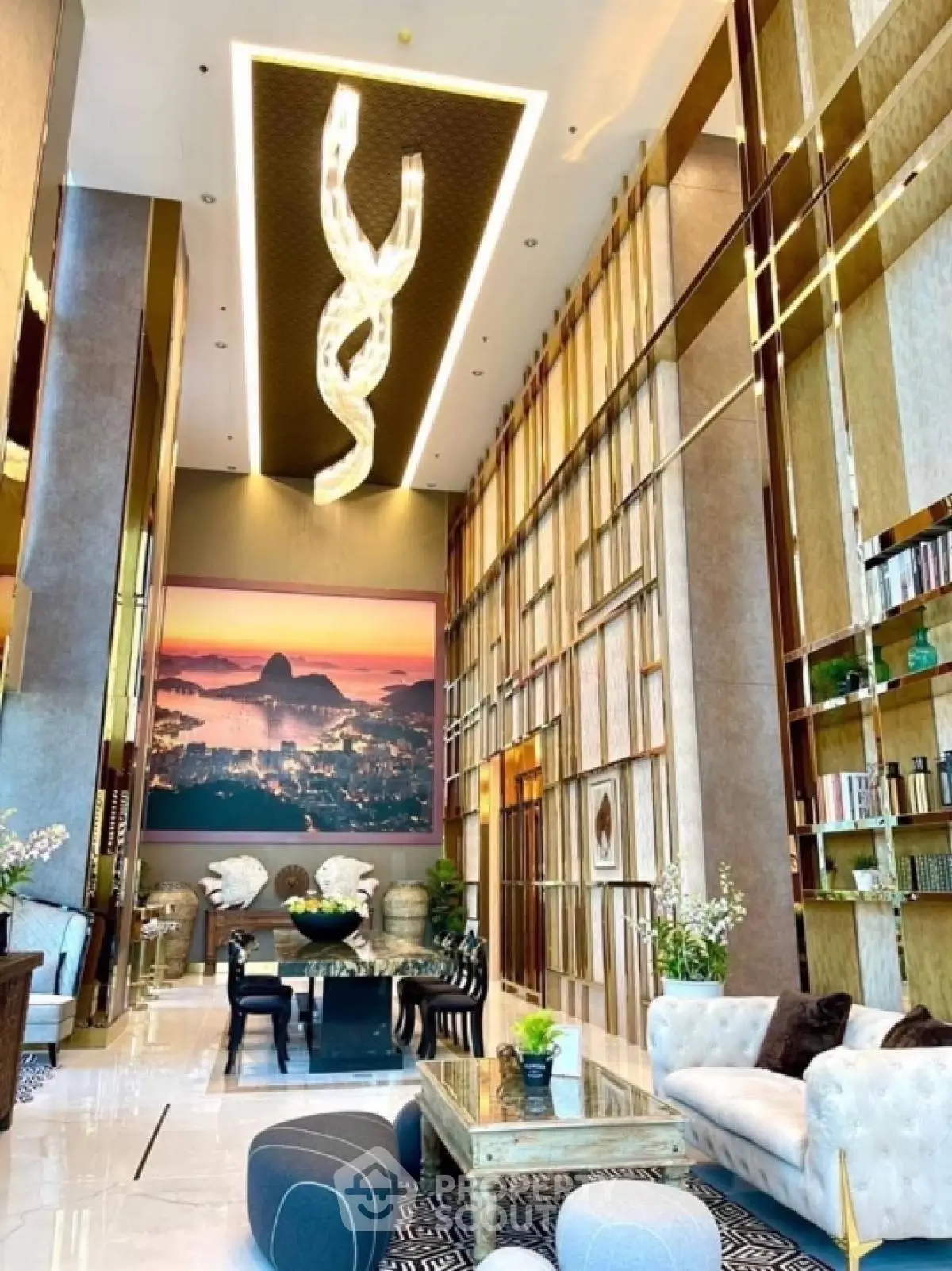 Luxurious modern living room with high ceilings and elegant decor