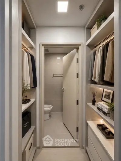 Stylish walk-in closet leading to a modern bathroom with elegant decor.