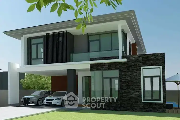 Modern two-story house with sleek design and spacious driveway, featuring large windows and a lush green lawn.