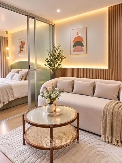 Stylish modern living room with cozy sofa, elegant decor, and ambient lighting in a chic apartment.