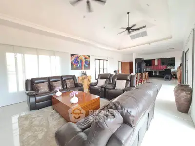 Spacious living room with leather sofas and modern decor