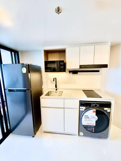 Modern kitchen with sleek appliances, featuring a fridge, washing machine, and microwave in a compact layout.