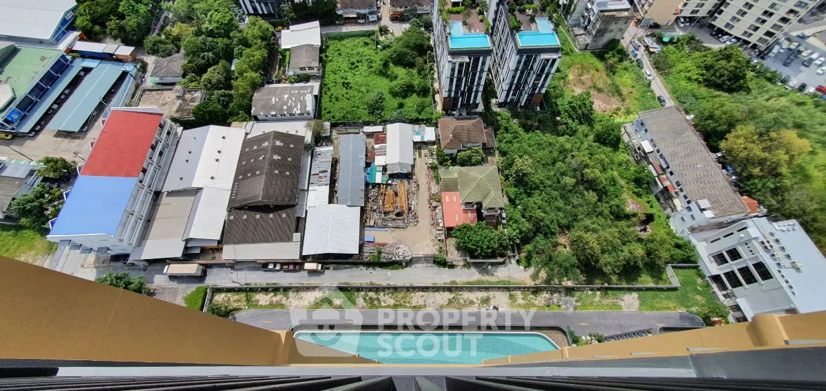 Stunning aerial view of urban landscape with modern buildings and lush greenery, showcasing vibrant city life.