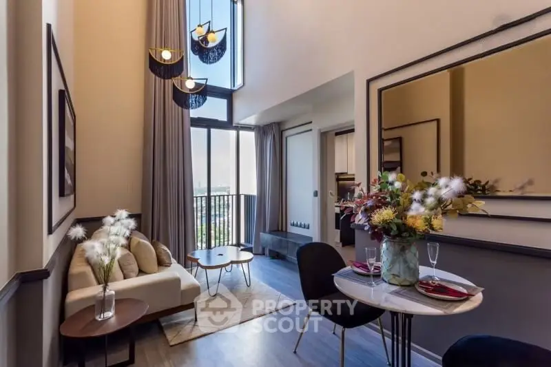 Luxurious modern living room with high ceilings and elegant decor