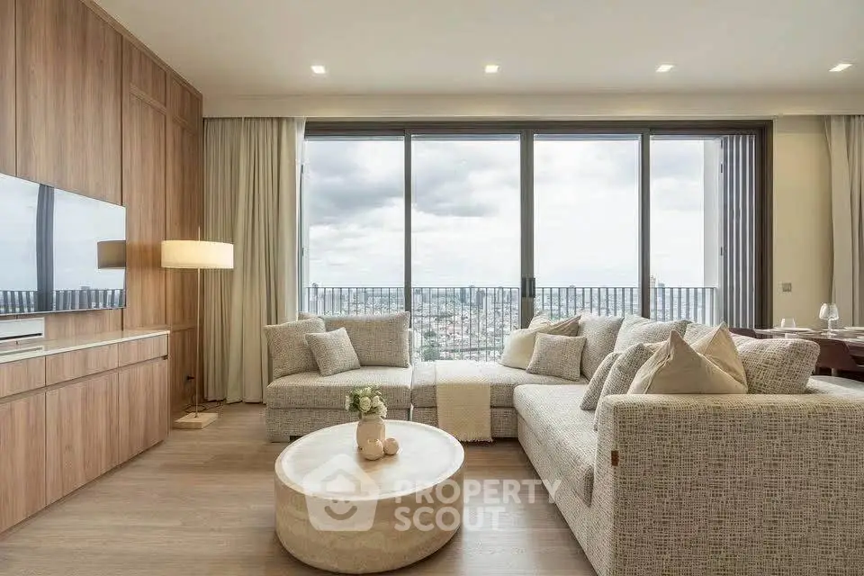 Luxurious living room with panoramic city view and elegant decor