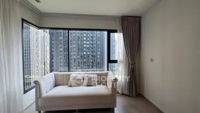 Modern living room with city view and elegant sofa