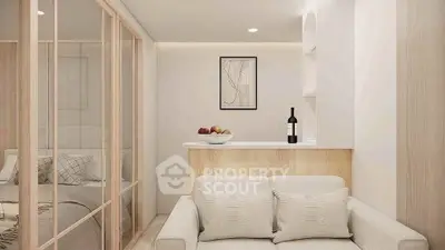 Modern living room with cozy sofa and stylish decor in a contemporary apartment.