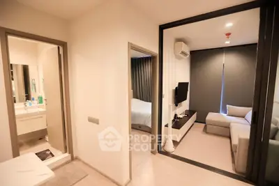 Modern apartment interior with cozy living room and stylish bedroom