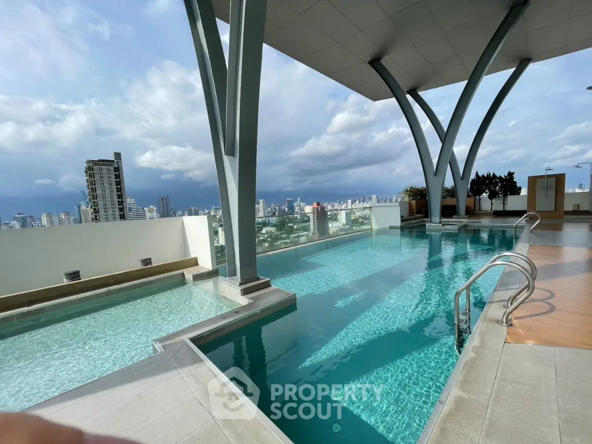Luxurious rooftop pool with stunning city skyline views and modern architectural design.