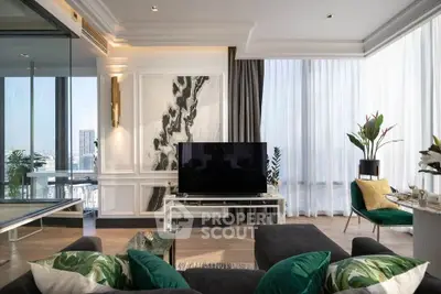 Luxurious modern living room with large windows and stylish decor in high-rise apartment.