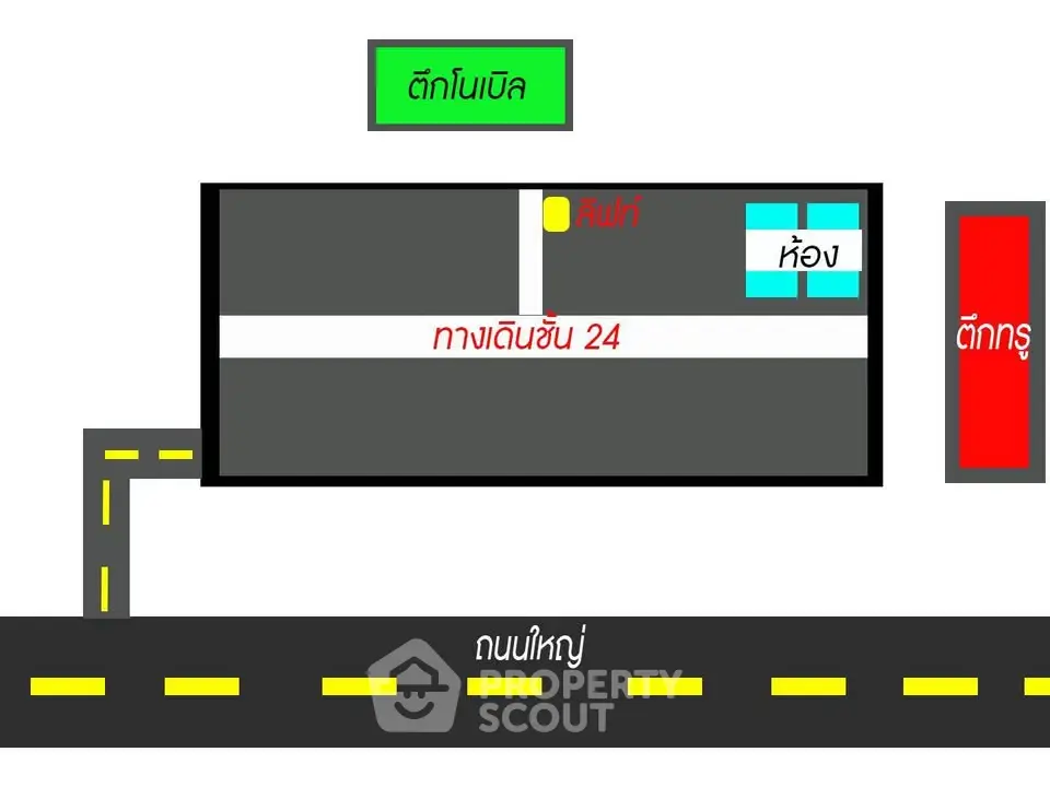 Schematic floor plan of a building with labeled rooms and pathways.