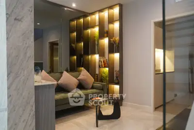 Modern living room with stylish shelving and cozy seating area