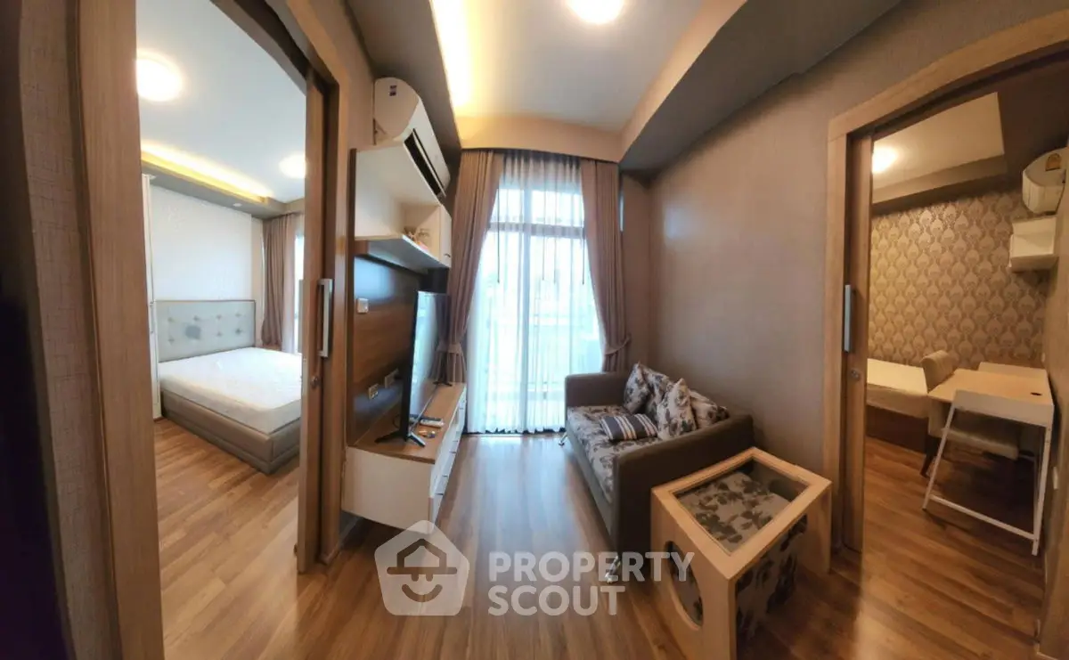 Modern apartment interior with cozy living room and stylish bedroom