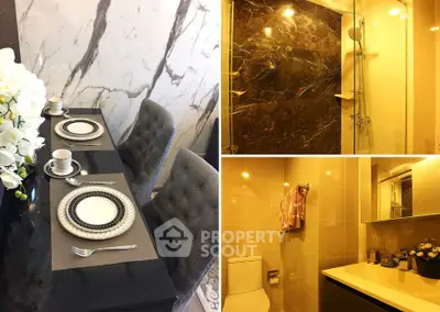 Luxurious dining and bathroom interiors with elegant marble and modern fixtures.