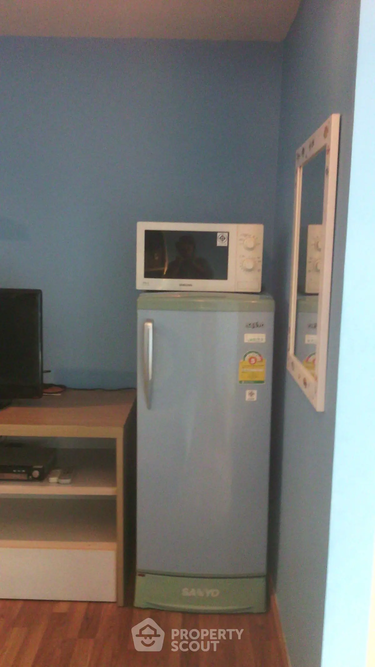 Compact kitchen corner with fridge, microwave, and TV stand in cozy apartment.