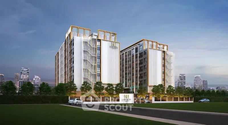 Modern urban apartment building with sleek design and city skyline backdrop