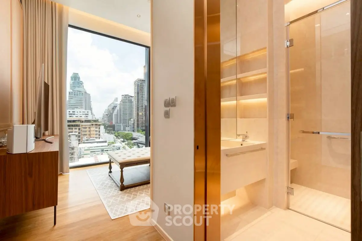 Luxurious apartment with stunning city view and elegant bathroom design