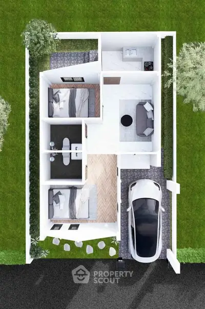 Modern architectural floor plan with two bedrooms, living area, and carport, surrounded by lush greenery.
