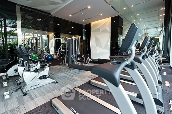 Modern gym with state-of-the-art equipment and mirrored walls in luxury real estate property.