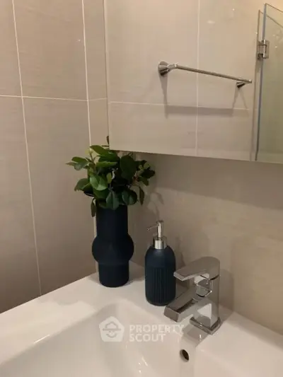 Modern bathroom sink with stylish faucet and decorative plant