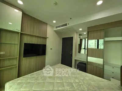 Modern bedroom with built-in storage and sleek design in urban apartment.