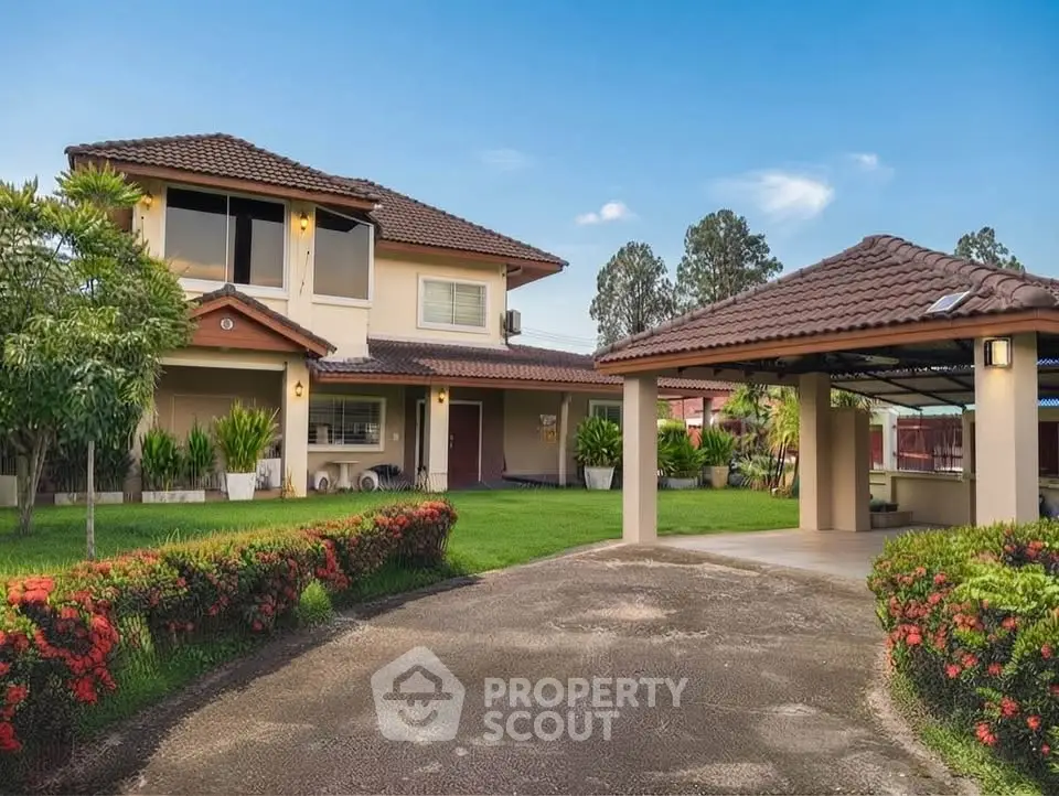 Charming two-story house with lush garden and spacious driveway in serene neighborhood.
