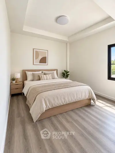 Modern minimalist bedroom with cozy decor and natural light