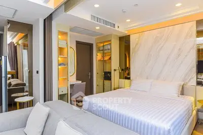 Luxurious modern bedroom with elegant decor and cozy ambiance