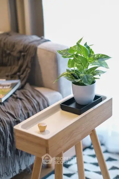 Stylish modern living room with cozy sofa and elegant wooden side table featuring a vibrant potted plant.