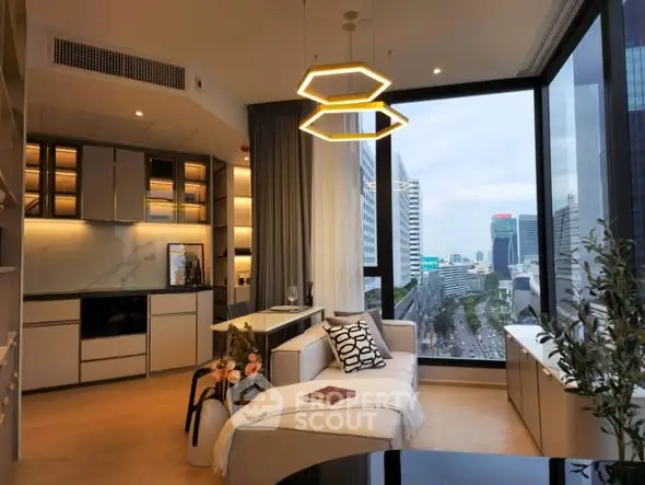 Luxurious modern living room with stunning city view and elegant lighting
