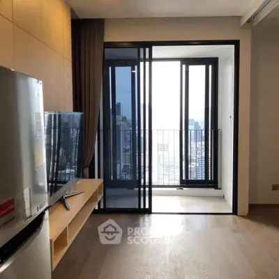 Modern living room with balcony view in high-rise apartment