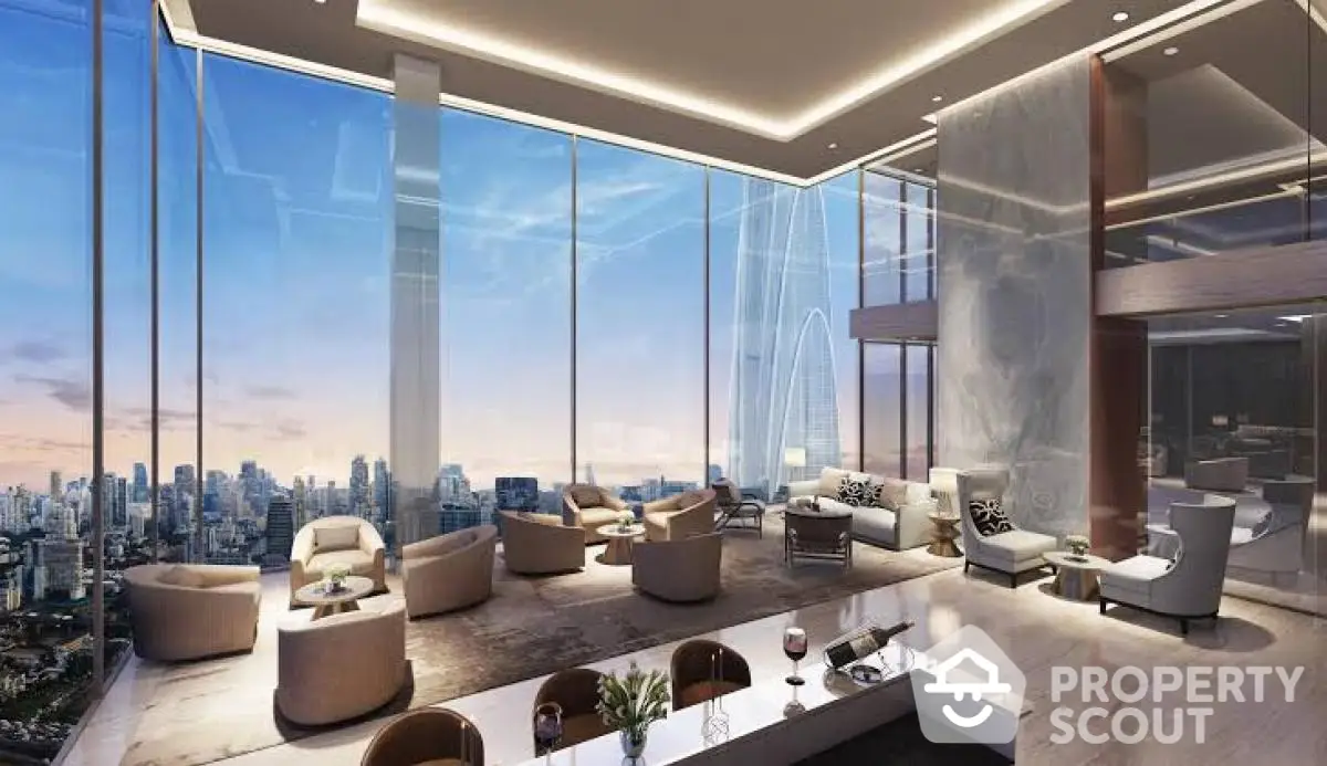 Luxurious high-rise living room with panoramic city views and elegant modern decor.