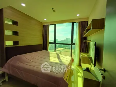 Modern bedroom with large window and city view, featuring stylish wooden accents and cozy bedding.