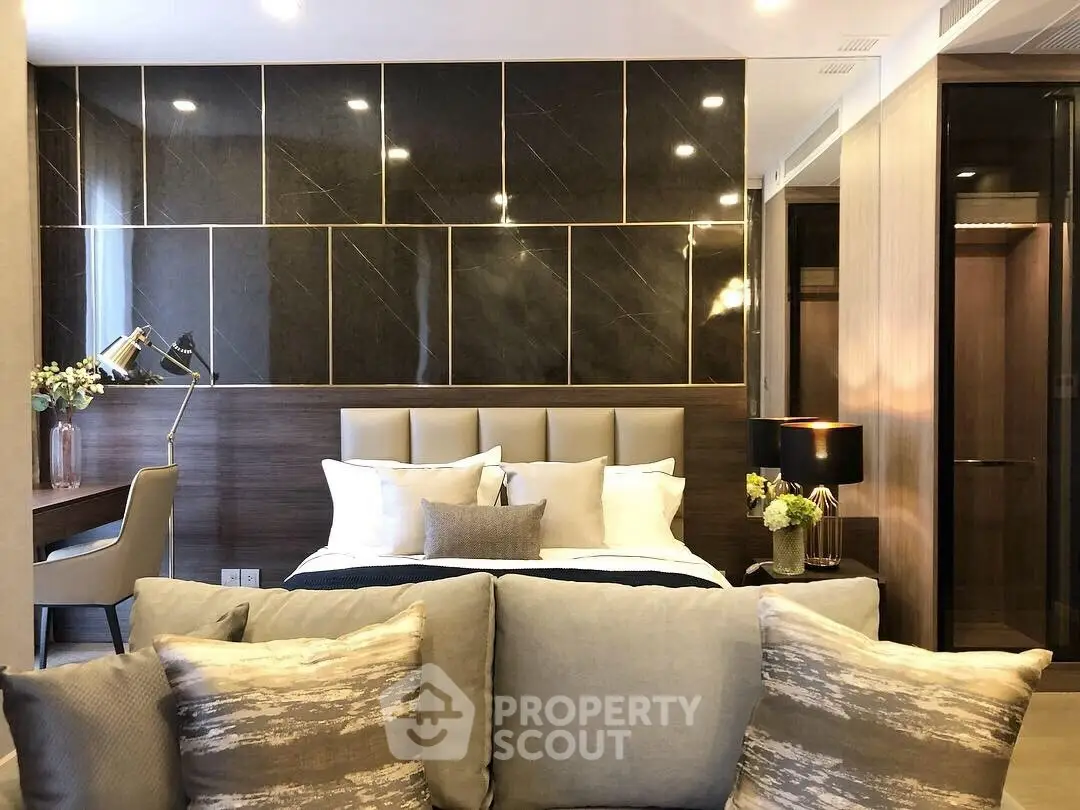 Luxurious modern bedroom with elegant decor and stylish lighting